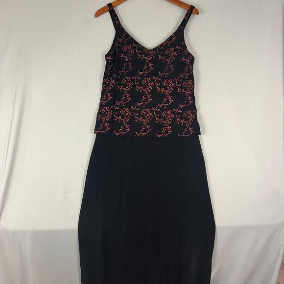 VTG Alex Evenings Maxi Gown Women's 10 Black Red Floral Glitter Sparkles V-Neck - Picture 1 of 12